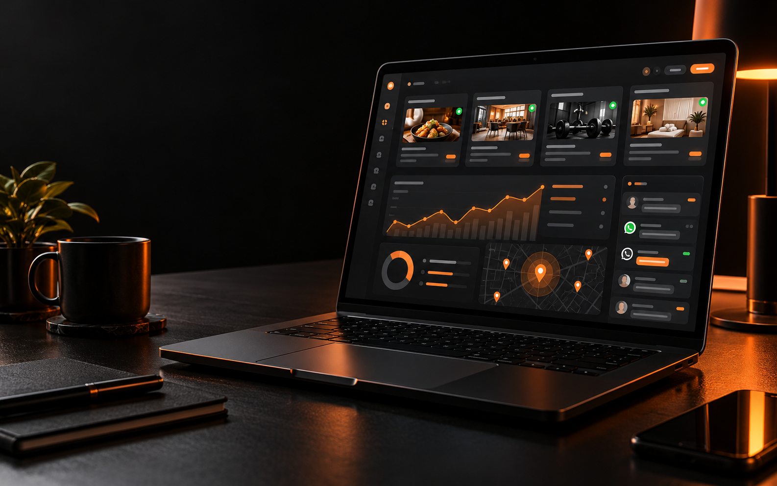 Notebook com painel ilustrativo de campanhas e métricas de anúncios